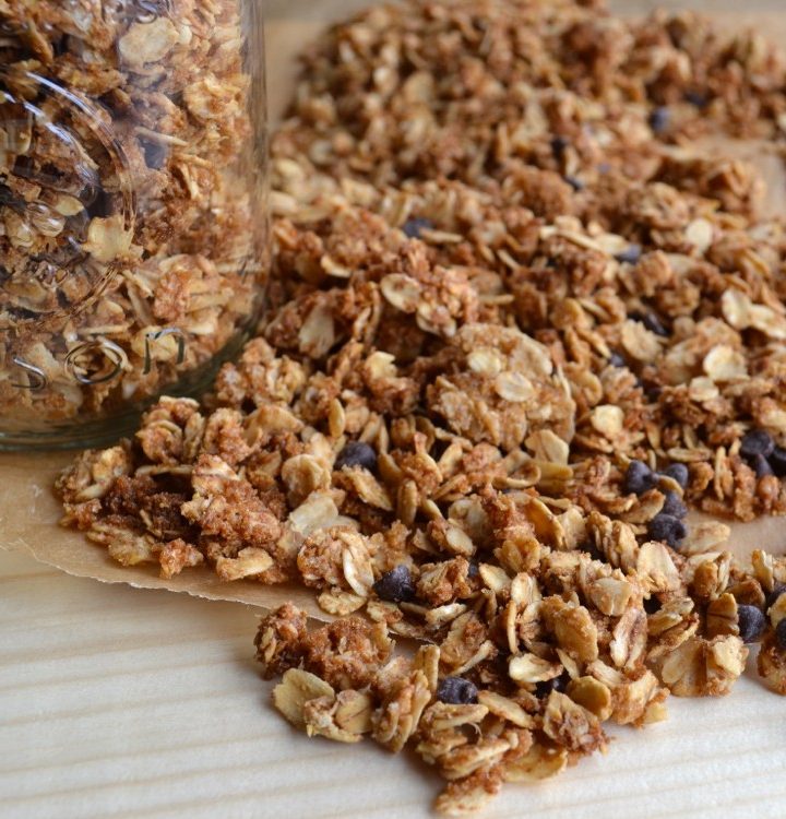 This Peanut Butter Chocolate Chip Granola is so delicious! Have it with some milk in a bowl, over yogurt, ice-cream or just by the handful! It's addicting! From @tasteLUVnourish on tasteloveandnourish.com