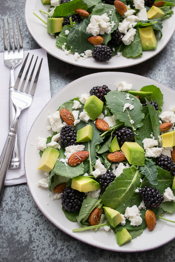 Baby Kale and Blackberry Salad with Ricotta Salata, Avocado and Rosemary Honeyed Almonds | @tasteLUVnourish