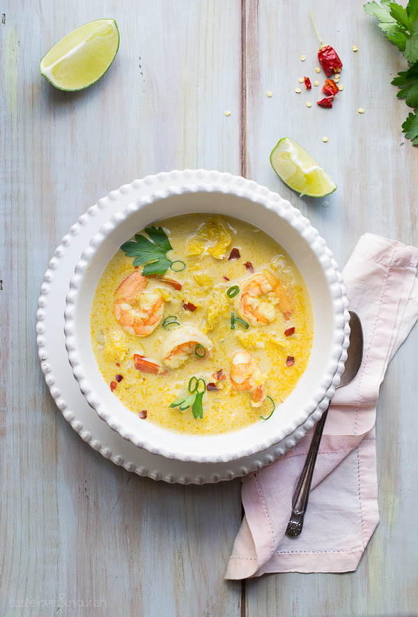 Thai Coconut Shrimp Soup - fresh, lightened up, with a perfect balance of flavors. This delicious recipe is the best I've made! | @tasteLUVnourish #thai #coconut #shrimp #soup #glutenfree #keto #ketolife #fitmeals #tasteloveandnourish