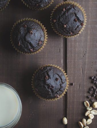 Double Chocolate Peanut Butter Muffins - made without flour and whipped up quickly in your blender, these muffins are low in sugar and a healthier way to satisfy your chocolate cravings! | @tasteLUVnourish on TasteLoveAndNourish.com #ad @lovemysilk
