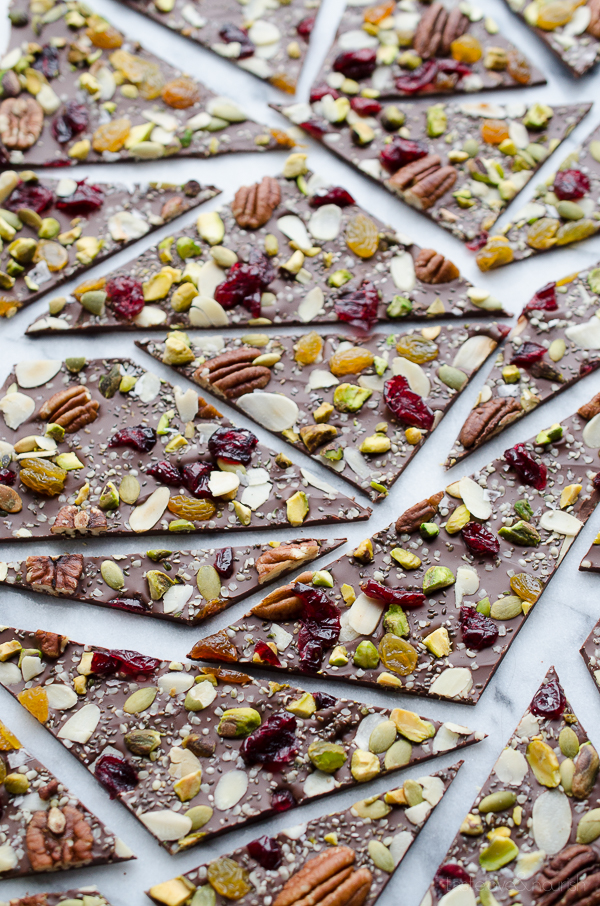 Hippie Chocolate Bark - dark chocolate loaded with fruits, nuts and seeds. Tips on how to create chocolate bark with just one baking sheet. | @tasteLUVnourish on TasteLoveAndNourish.com