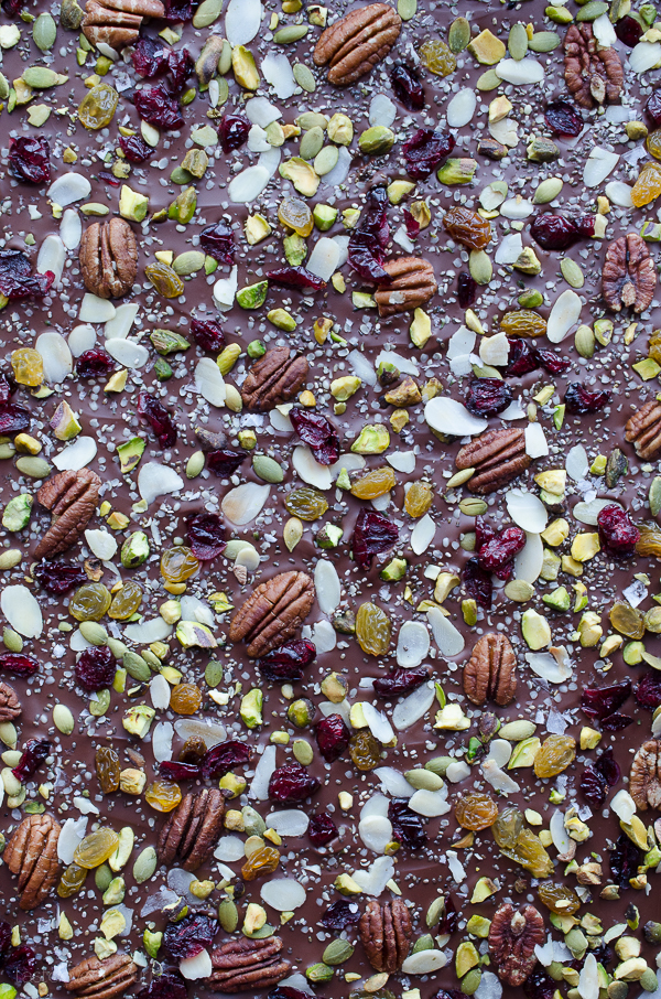 Hippie Chocolate Bark - dark chocolate loaded with fruits, nuts and seeds. Tips on how to create chocolate bark with just one baking sheet. | @tasteLUVnourish on TasteLoveAndNourish.com
