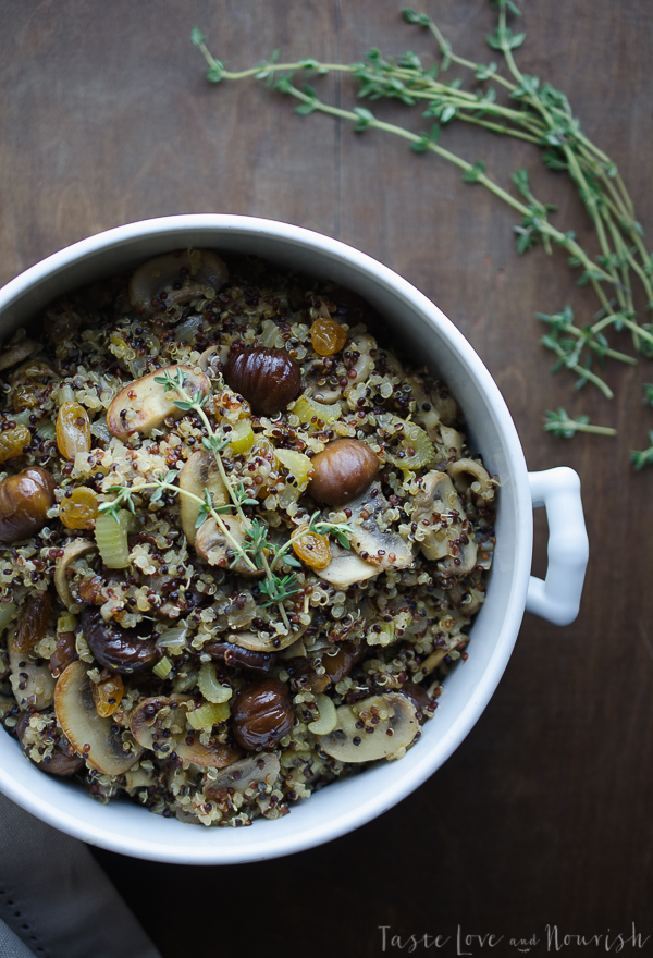 Quinoa and Chestnut Stuffing - this quinoa stuffing with sweet roasted chestnuts and golden raisins is such a delicious alternative to traditional stuffing! | @tasteLUVnourish on TasteLoveAndNourish.com