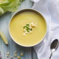 This Coconut Jalapeño Corn Soup is silky and sweet, with hints of jalapeño. The pop of sweet corn kernels make a perfect garnish! I love this trick to get the most flavor from fresh summer corn! @tasteLUVnourish